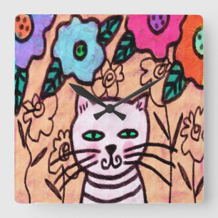 カラフル抽象芸術絵画猫 スクエア壁時計