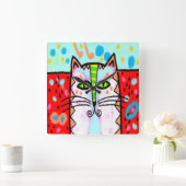 カラフル抽象芸術絵画猫 スクエア壁時計 (ホーム)