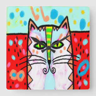 カラフル抽象芸術絵画猫 スクエア壁時計