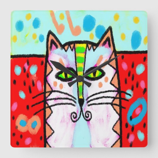 カラフル抽象芸術絵画猫 スクエア壁時計 (正面)