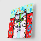 カラフル抽象芸術絵画猫 スクエア壁時計 (傾斜)