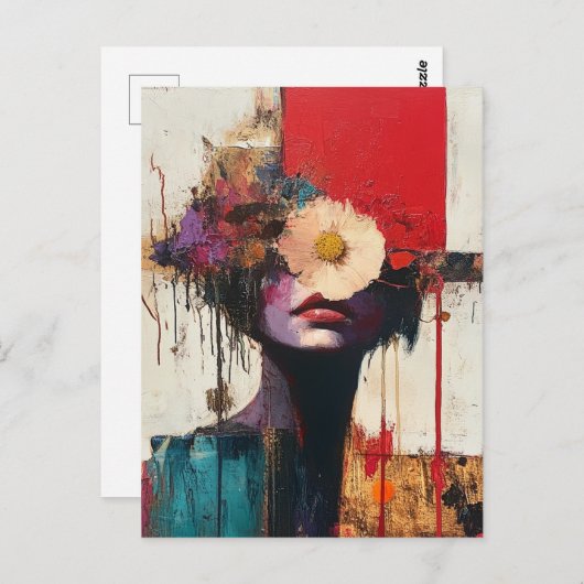 カラフル抽象芸術顔と花 ポストカード (正面/裏面)
