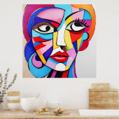 カラフル抽象芸術顔キュービズム ポスター (キッチン)