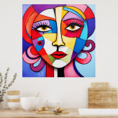 カラフル抽象芸術顔キュービズム ポスター (キッチン)