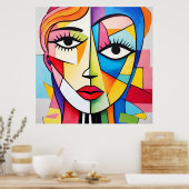 カラフル抽象芸術顔キュービズム ポスター (キッチン)