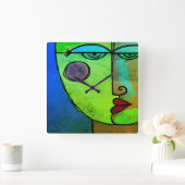 カラフル抽象芸術顔時計 スクエア壁時計 (ホーム)