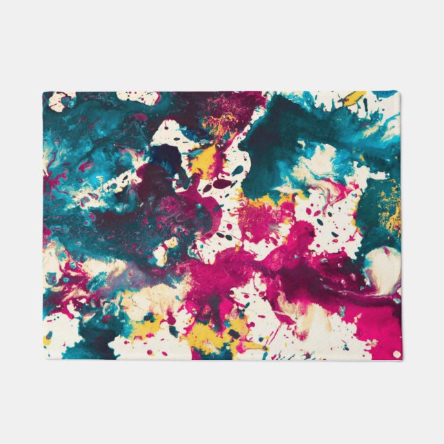 カラフル抽象芸術（ばちゃばちゃ）跳ねる絵を描ティール（緑がかった色）及びマゼンタ ドアマット (正面)