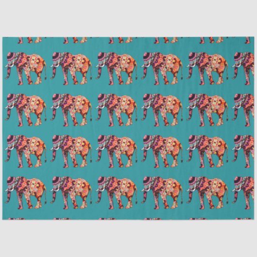 カラフル数々のティール（緑がかった色）上の象 薄葉紙 (正面)