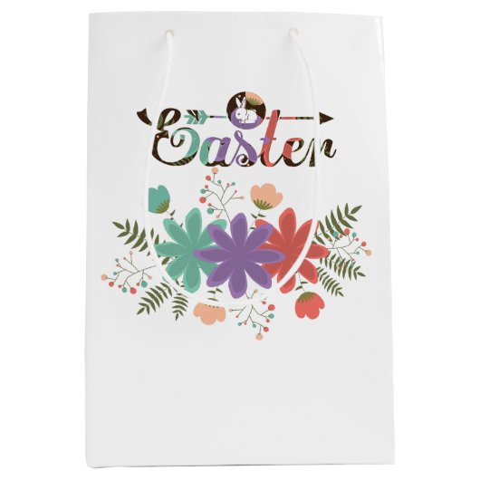カラフル文字イースターとカラフル花 ミディアムペーパーバッグ (正面)