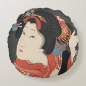 カラフル日本の女性ヴィンテージ絵画 ラウンドクッション (正面)