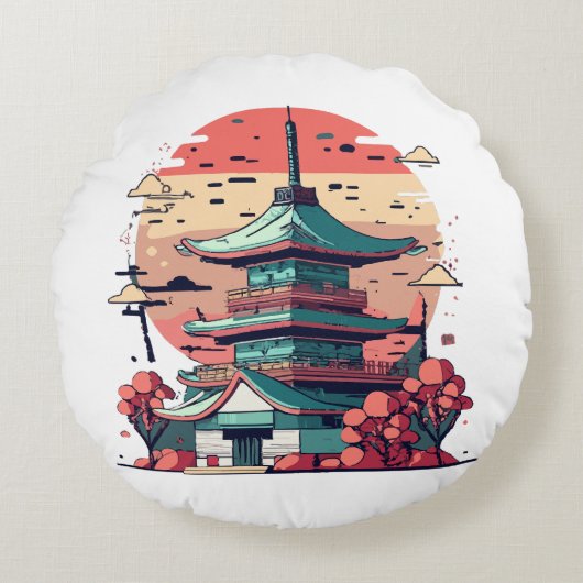 カラフル日本建造物アート ラウンドクッション (正面)