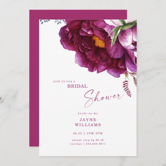カラフル明るい赤紫色フローラエレガントブライダルシャワー 招待状 (正面/裏面)