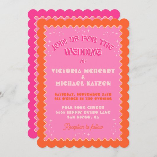 カラフル明モダンはっきりしたレトロ結婚ズ 招待状 (正面/裏面)