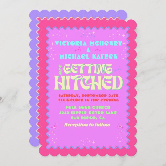 カラフル明モダンはっきりしたレトロ結婚ズ 招待状 (正面/裏面)