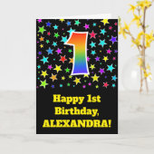 カラフル星+レインボーパターン"1"誕生日番号 カード (黄色い花)