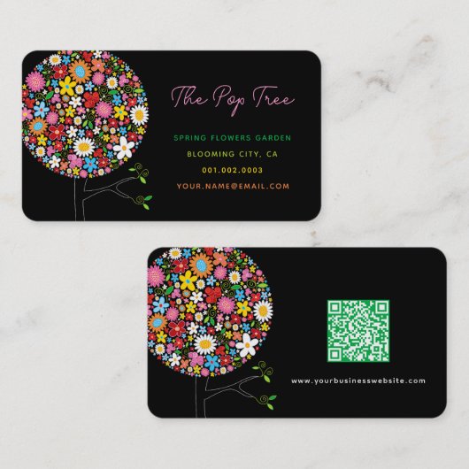 カラフル春の花ツポップ・アートのリーお洒落シック 名刺 (正面/裏面)