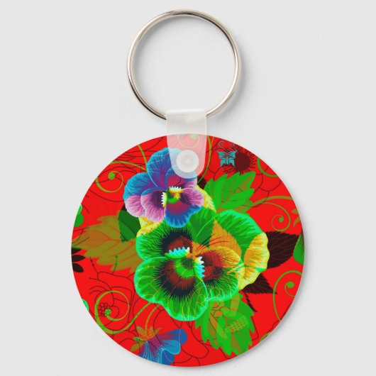 カラフル春の花デザイン赤の背景 キーホルダー (正面)