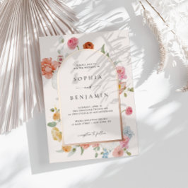 カラフル春の花バラ金ゴールド結婚のアーチ 箔招待状