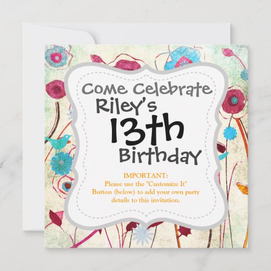 カラフル春の花バーズマルベリーブルーオレンジ 招待状 (正面)