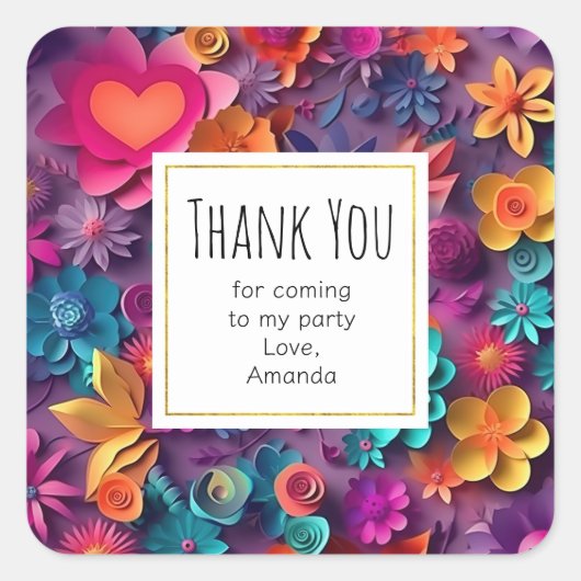 カラフル春の花パターンパーティーありがとう スクエアシール (正面)