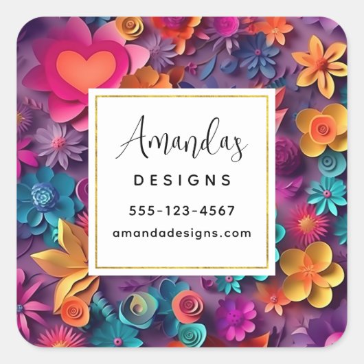 カラフル春の花パターン事業 スクエアシール (正面)