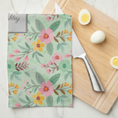 カラフル春の花パターン名モノグラム キッチンタオル (四つ折り)