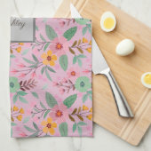 カラフル春の花パターン名モノグラム キッチンタオル (四つ折り)