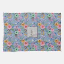 カラフル春の花パターン名モノグラム キッチンタオル