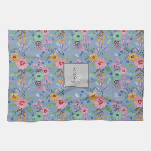 カラフル春の花パターン名モノグラム キッチンタオル (横)