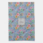 カラフル春の花パターン名モノグラム キッチンタオル (縦)
