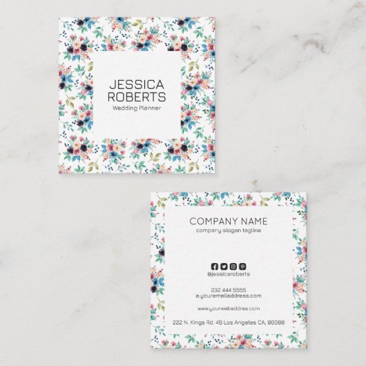 カラフル春の花パターン正方形ビジネスca スクエア名刺 (正面/裏面)