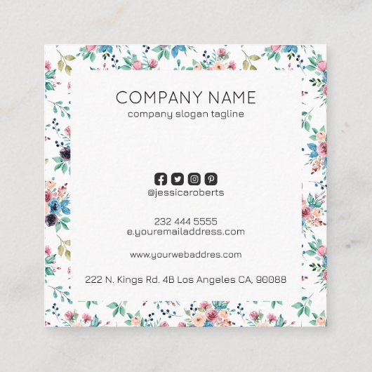 カラフル春の花パターン正方形ビジネスca スクエア名刺 (裏面)
