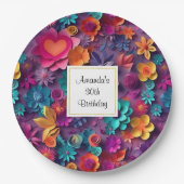 カラフル春の花パターン誕生日 ペーパープレート (正面)