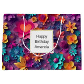 カラフル春の花パターン誕生日 ラージペーパーバッグ (正面)