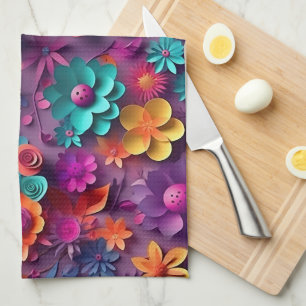 カラフル春の花パターン キッチンタオル