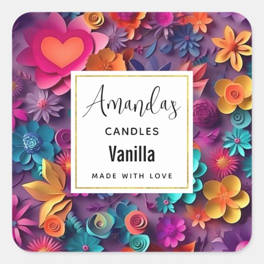 カラフル春の花パターン スクエアシール (正面)