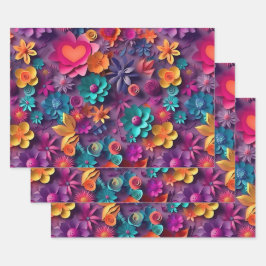 カラフル春の花パターン ラッピングペーパーシート