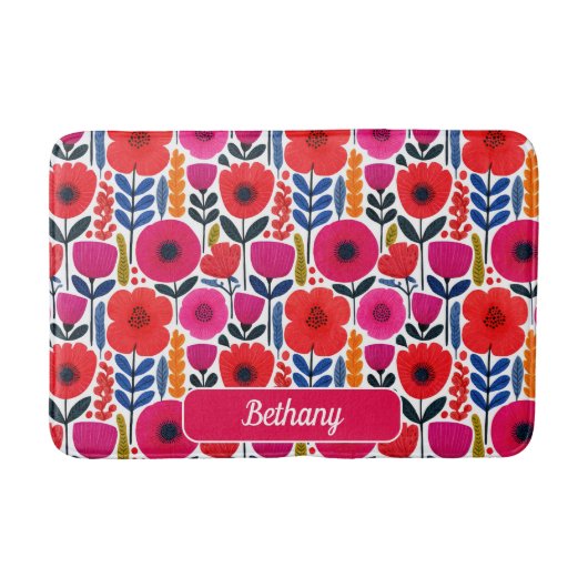 カラフル春の花パターン(名前) バスマット (正面)
