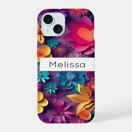 カラフル春の花パターン iPhone 15ケース (裏面)