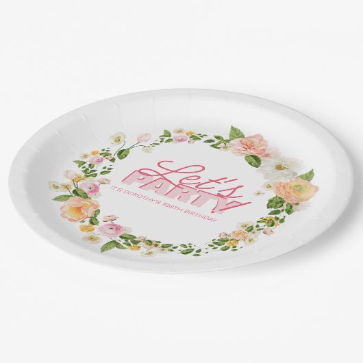 カラフル春の花レタリング100番目の誕生日 ペーパープレート (アングル)