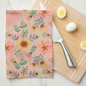 カラフル春の花名ガーリーモノグラム キッチンタオル (四つ折り)