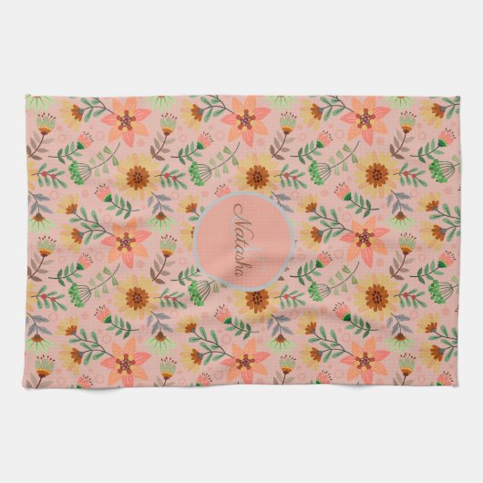 カラフル春の花名ガーリーモノグラム キッチンタオル (横)