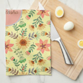 カラフル春の花名ガーリーモノグラム キッチンタオル (四つ折り)