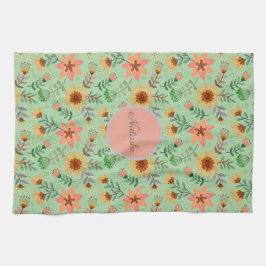 カラフル春の花名ガーリーモノグラム キッチンタオル
