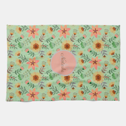 カラフル春の花名ガーリーモノグラム キッチンタオル (横)