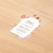 カラフル春の花書道ブライダルシャワー アクリル招待状 (レイダウン)