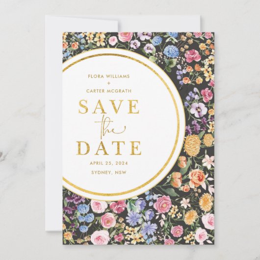 カラフル春の花結婚式の日付の保存 案内状 (正面)