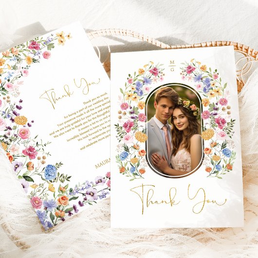 カラフル春ガーデン花結婚の写真 サンキューカード