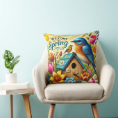 カラフル春シーンと鳥，バードハウス クッション (椅子)