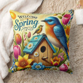 カラフル春シーンと鳥，バードハウス クッション (ブランケット)